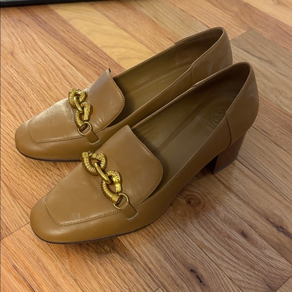 TORY BURCH WOMENS JESSA 55MM PUMP LOAFER HEEL CALF LEATHER 9 DEEP VICUNA CAMEL - Picture 5 of 8